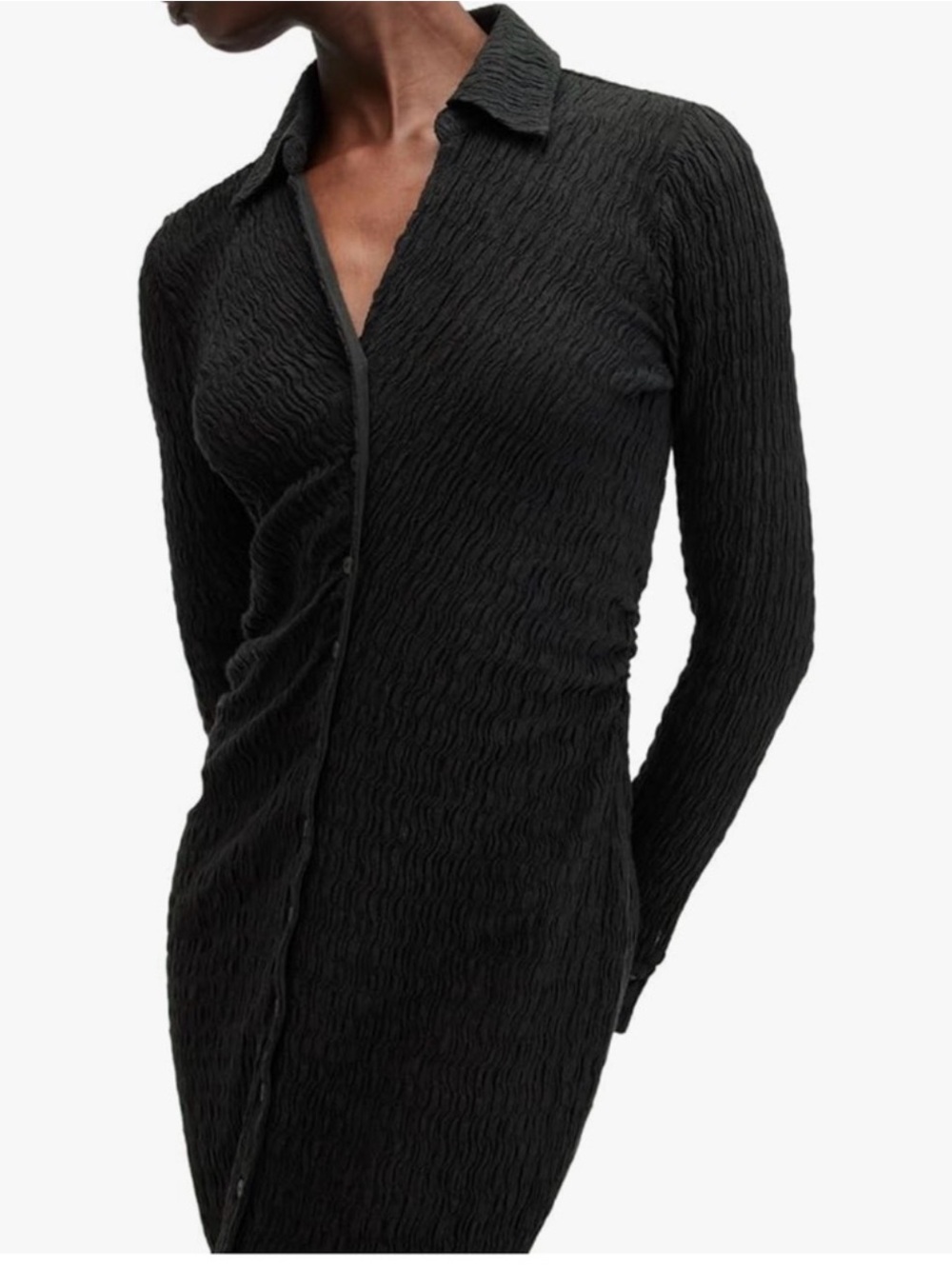 AllSaints Black Bodycon Connie Long Sleeve Ribbed Button-Front Collar Midi Dress - Picture 3 of 10